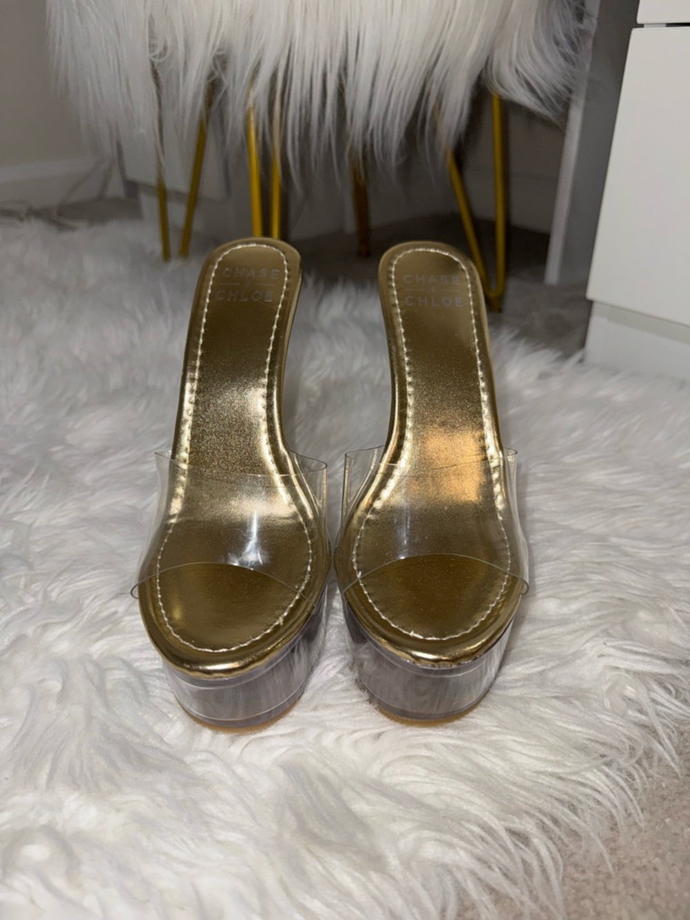 Chase + Chloe Gold Platform Clear Strap Stiletto Mules - Picture 2 of 6